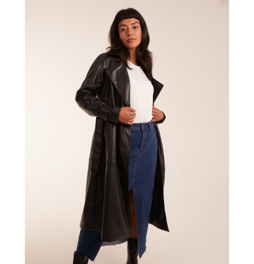 Faux Leather Belted Trench Coat