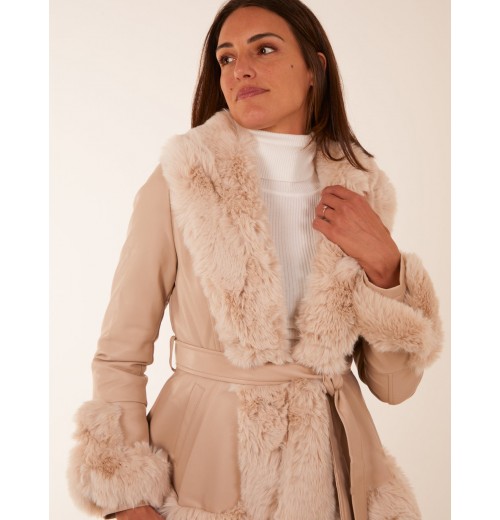 Faux Fur PU Coat With Belt