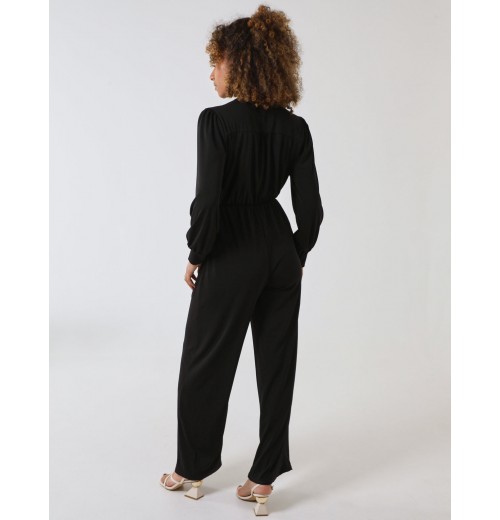 Elasticated Waist Crossover Long Sleeve Jumpsuit