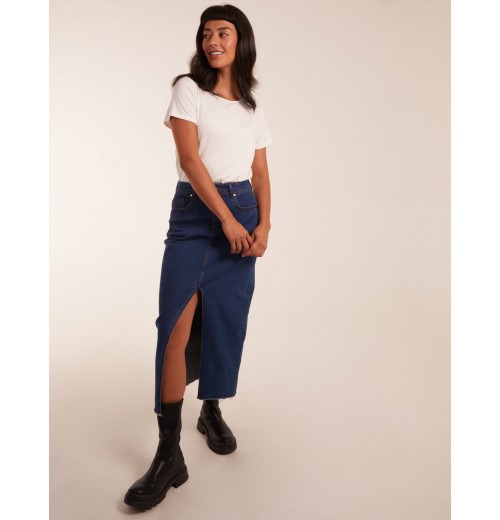 High Rise Denim Midi Skirt